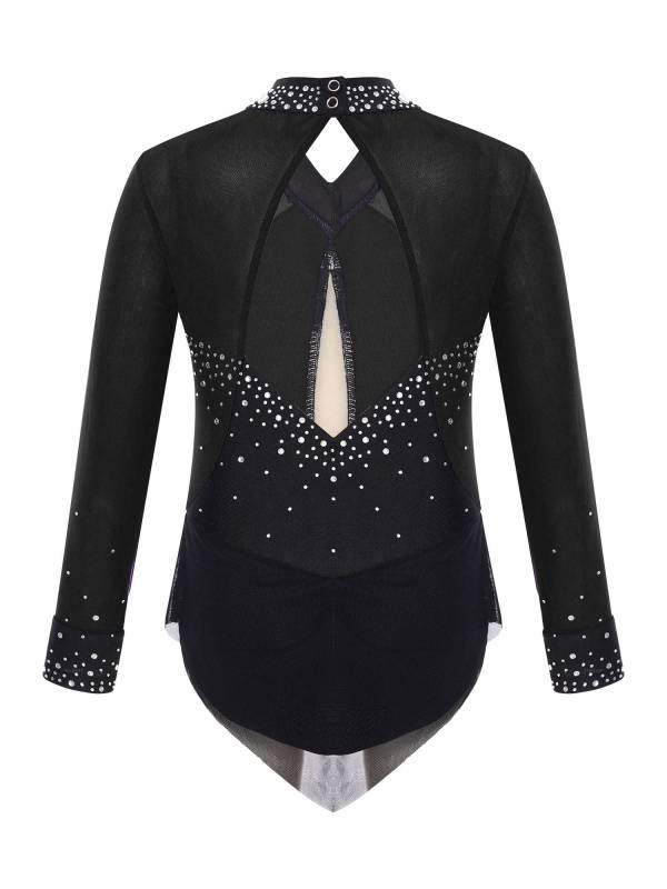 Kids Girls Long Sleeve Rhinestones Color Block Mesh Figure Skating Leotard thumb