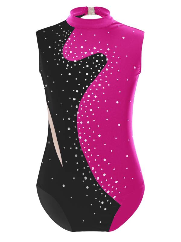 Kids Girls Color Block Rhinestones Keyhole Back Sleeveless Gymnastic Leotard thumb