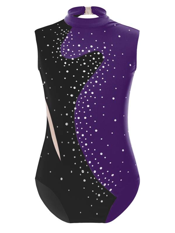 Kids Girls Color Block Rhinestones Keyhole Back Sleeveless Gymnastic Leotard thumb