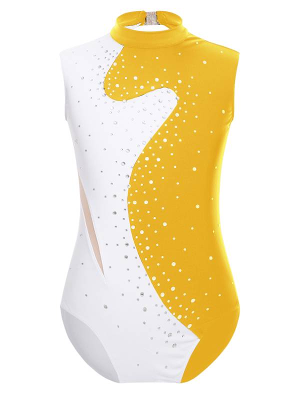 Kids Girls Color Block Rhinestones Keyhole Back Sleeveless Gymnastic Leotard thumb