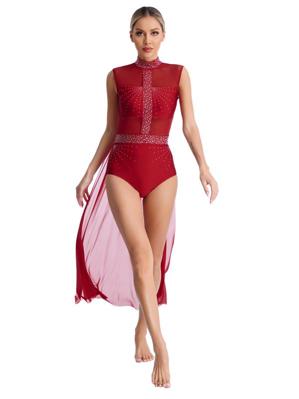 Women Rhinestone Sleeveless Lyrical Dance Leotard Dress thumb