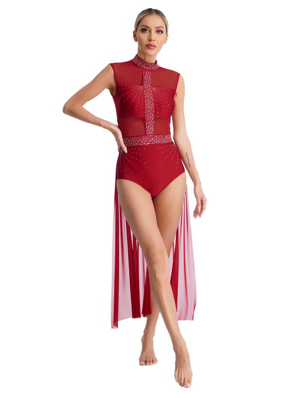 Women Rhinestone Sleeveless Lyrical Dance Leotard Dress thumb