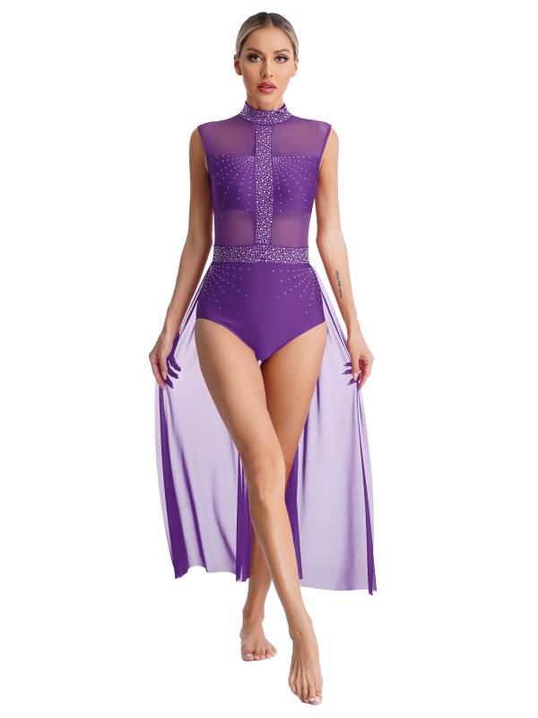 Women Rhinestone Sleeveless Lyrical Dance Leotard Dress thumb