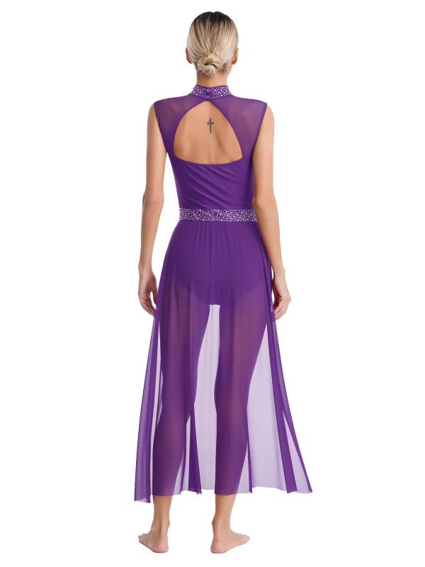 Women Rhinestone Sleeveless Lyrical Dance Leotard Dress thumb