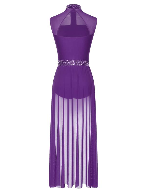 Women Rhinestone Sleeveless Lyrical Dance Leotard Dress thumb