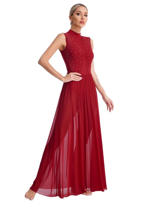 Women Sleeveless Shiny Rhinestone Lyrical Dance Leotard Dresses thumb