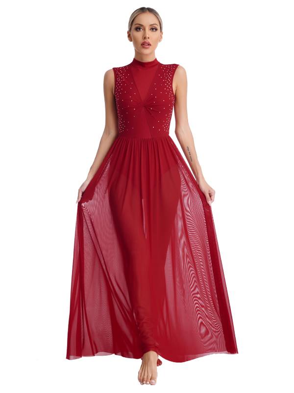 Women Sleeveless Shiny Rhinestone Lyrical Dance Leotard Dresses thumb