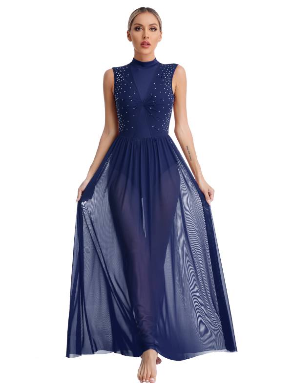 Women Sleeveless Shiny Rhinestone Lyrical Dance Leotard Dresses thumb
