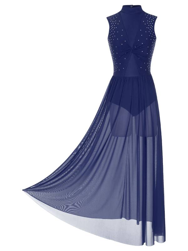 Women Sleeveless Shiny Rhinestone Lyrical Dance Leotard Dresses thumb