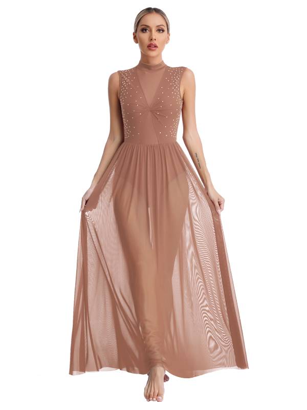 Women Sleeveless Shiny Rhinestone Lyrical Dance Leotard Dresses thumb