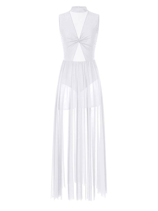 Women Sleeveless Shiny Rhinestone Lyrical Dance Leotard Dresses thumb