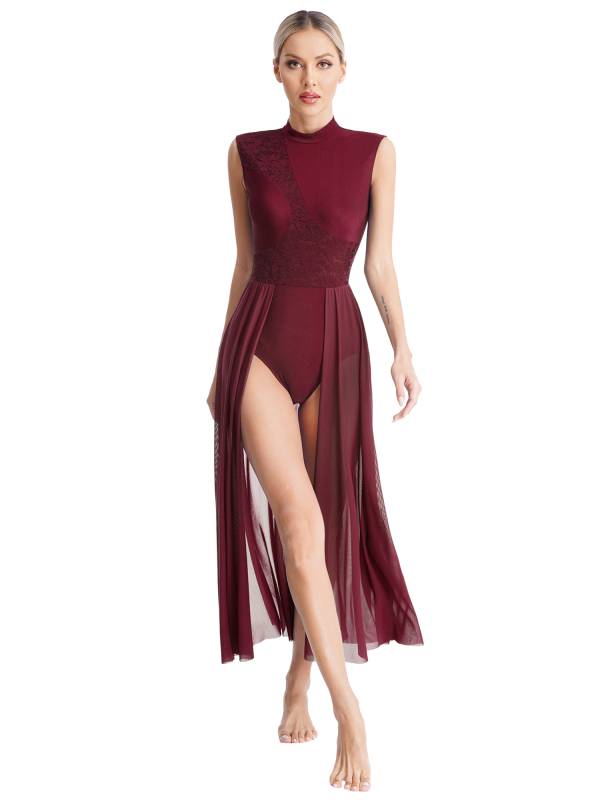 Women Sleeveless Floral Lace Lyrical Dance Leotard Dresses thumb