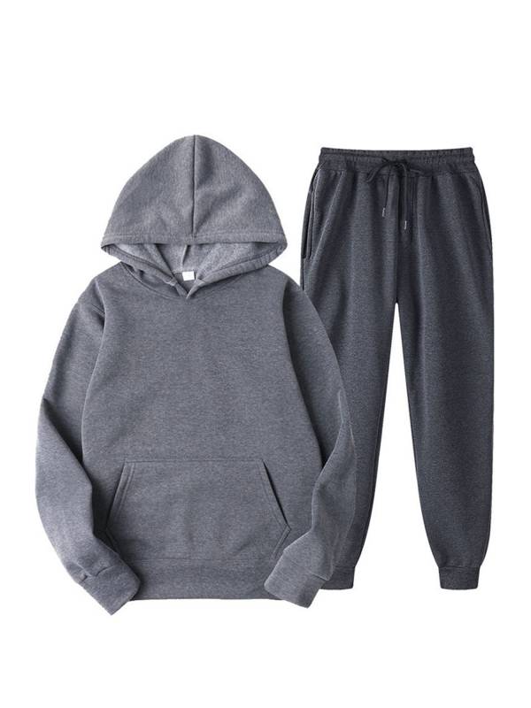 Men 2pcs Solid Color Long Sleeve Hooded Sweatshirt and Sweatpants Sports Set thumb