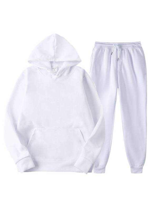 Men 2pcs Solid Color Long Sleeve Hooded Sweatshirt and Sweatpants Sports Set thumb