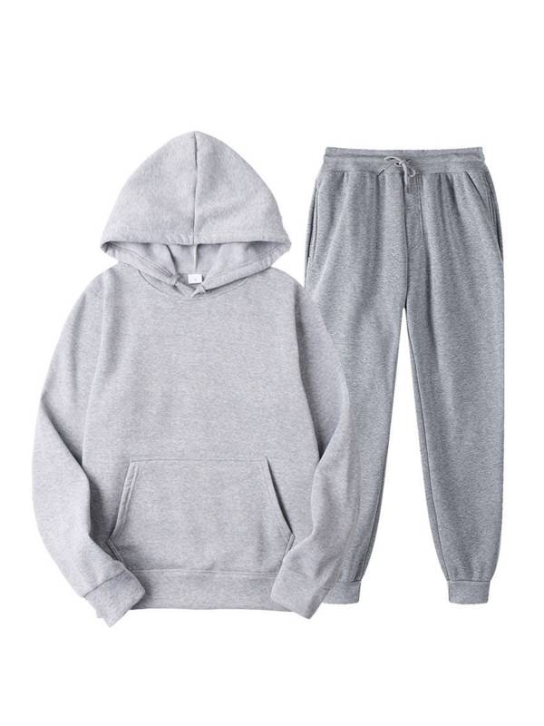 Men 2pcs Solid Color Long Sleeve Hooded Sweatshirt and Sweatpants Sports Set thumb