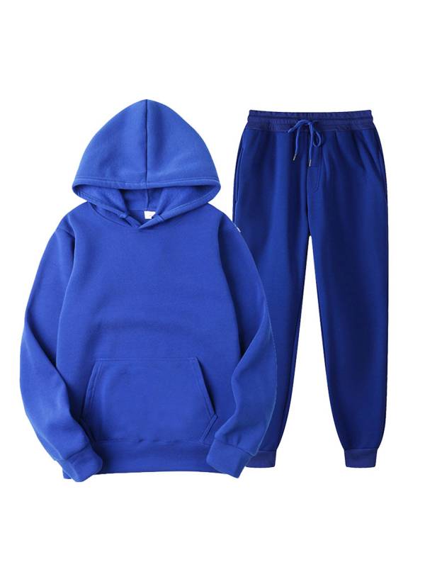 Men 2pcs Solid Color Long Sleeve Hooded Sweatshirt and Sweatpants Sports Set thumb