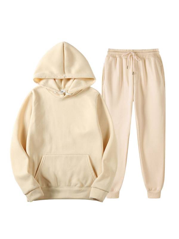 Men 2pcs Solid Color Long Sleeve Hooded Sweatshirt and Sweatpants Sports Set thumb
