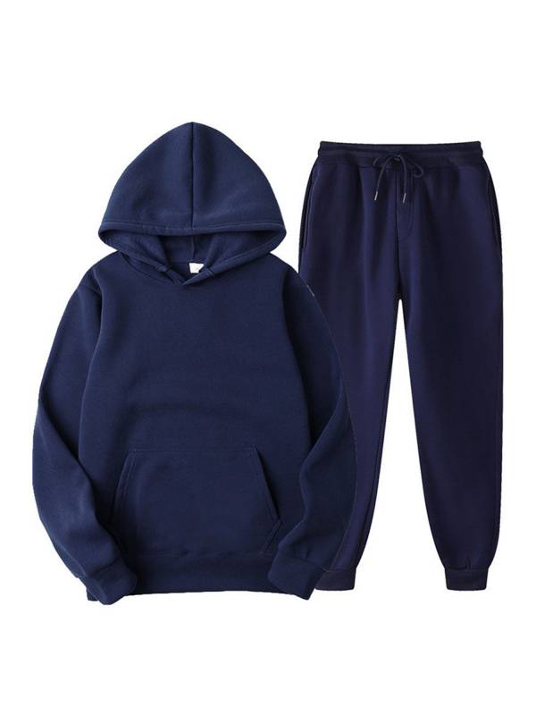 Men 2pcs Solid Color Long Sleeve Hooded Sweatshirt and Sweatpants Sports Set thumb