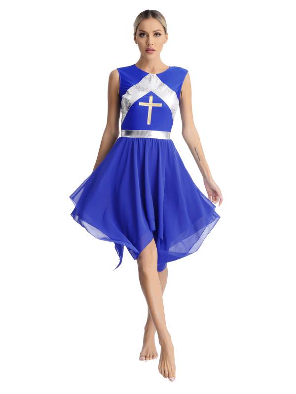 Women Sequins Sleeveless Cross Print Worship Dress thumb