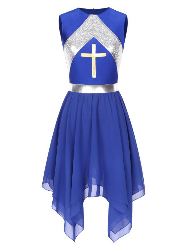 Women Sequins Sleeveless Cross Print Worship Dress thumb