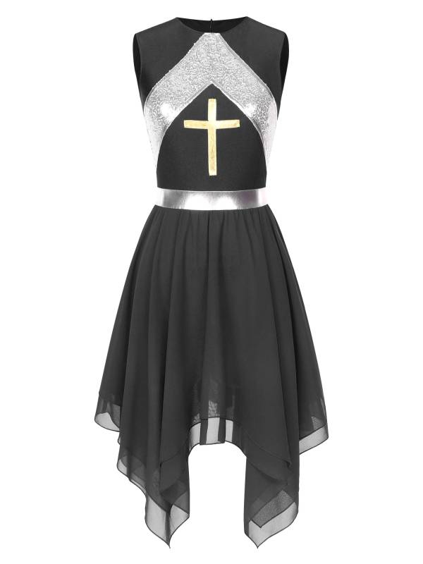 Women Sequins Sleeveless Cross Print Worship Dress thumb