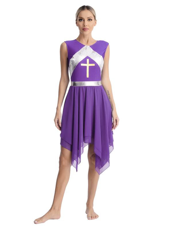 Women Sequins Sleeveless Cross Print Worship Dress thumb