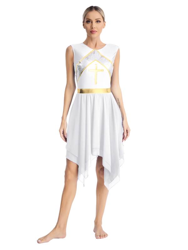 Women Sequins Sleeveless Cross Print Worship Dress thumb
