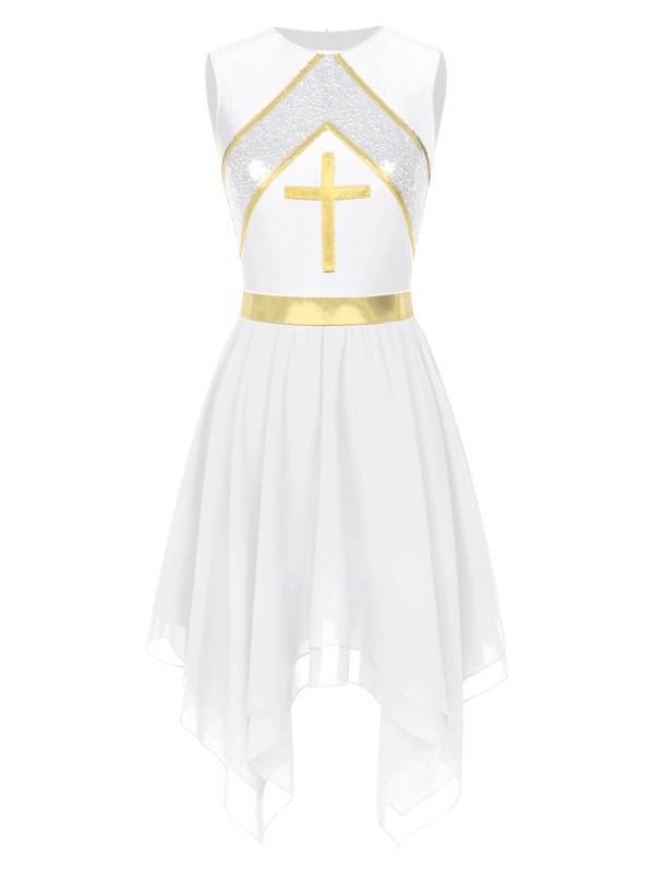 Women Sequins Sleeveless Cross Print Worship Dress thumb