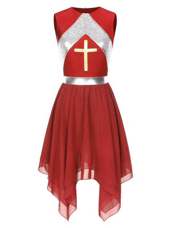Women Sequins Sleeveless Cross Print Worship Dress thumb