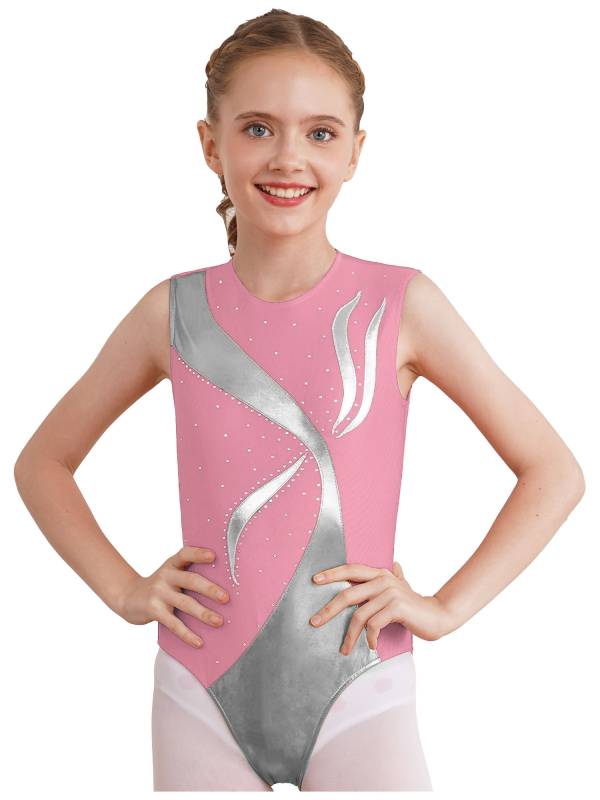 Kids Girls Sleeveless Metallic Shiny Rhinestones Gymnastics Leotard thumb