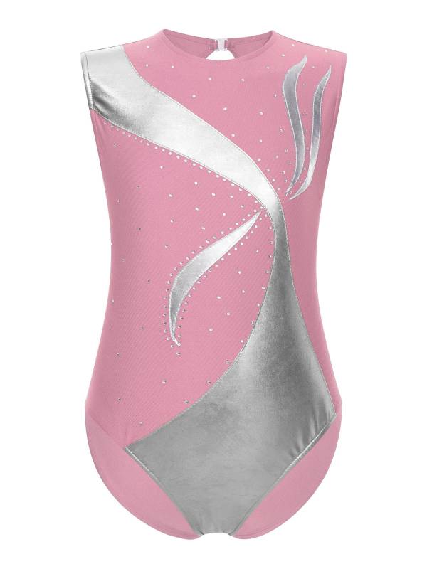 Kids Girls Sleeveless Metallic Shiny Rhinestones Gymnastics Leotard thumb