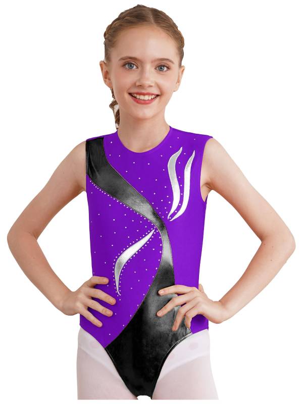 Kids Girls Sleeveless Metallic Shiny Rhinestones Gymnastics Leotard thumb