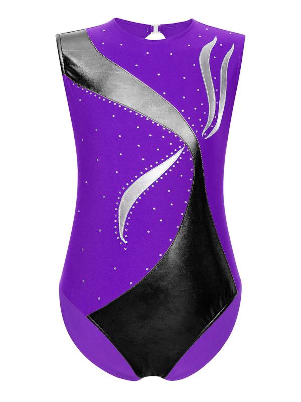 Kids Girls Sleeveless Metallic Shiny Rhinestones Gymnastics Leotard thumb
