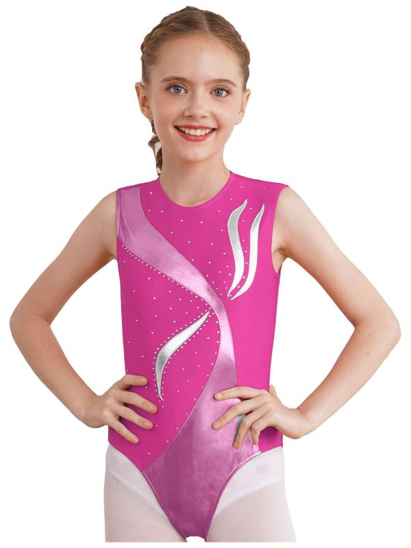 Kids Girls Sleeveless Metallic Shiny Rhinestones Gymnastics Leotard thumb