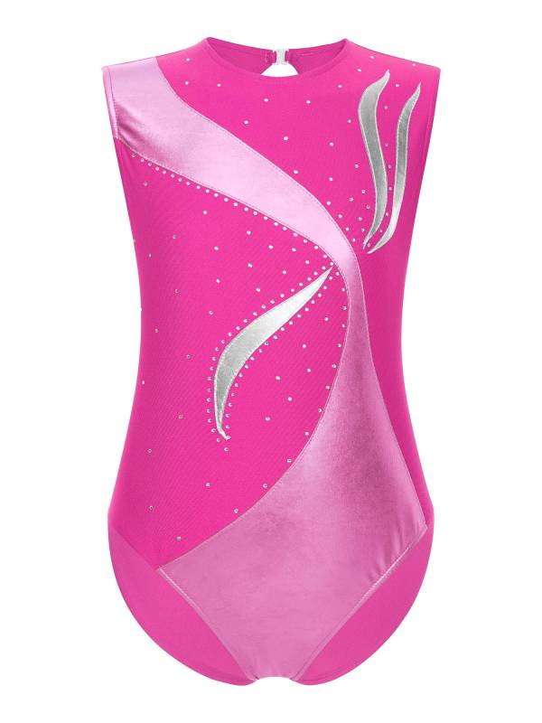 Kids Girls Sleeveless Metallic Shiny Rhinestones Gymnastics Leotard thumb