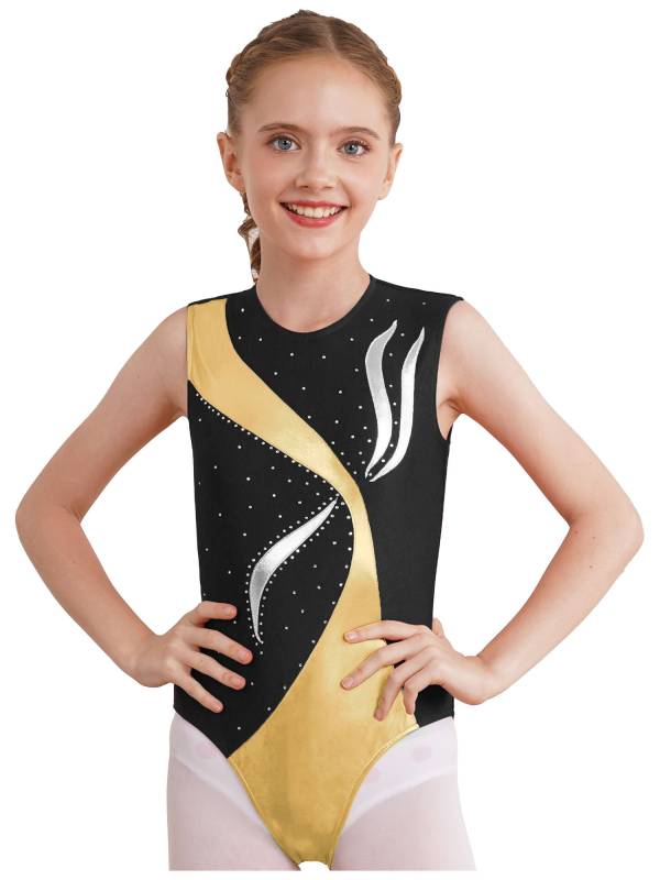 Kids Girls Sleeveless Metallic Shiny Rhinestones Gymnastics Leotard thumb