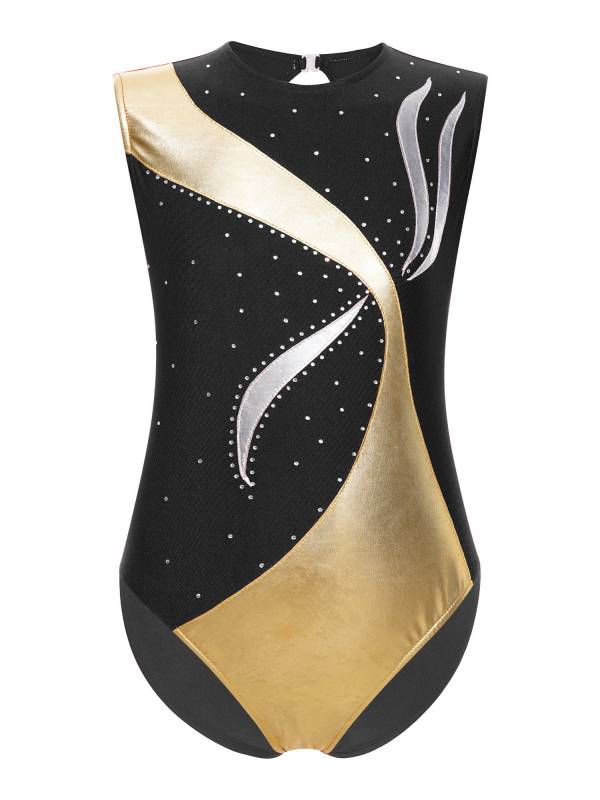 Kids Girls Sleeveless Metallic Shiny Rhinestones Gymnastics Leotard thumb