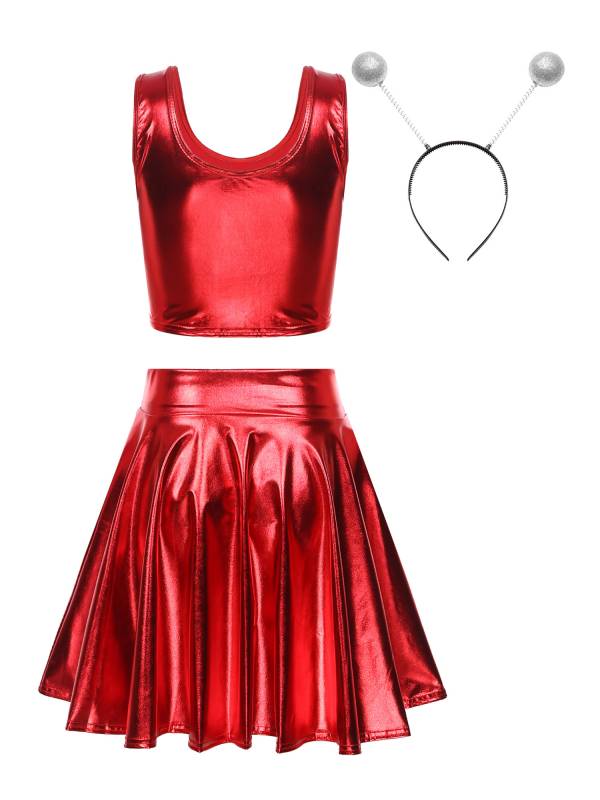 Women 3pcs Metallic Crop Top and Pleated A-line Skirt with Headband Dance Set thumb
