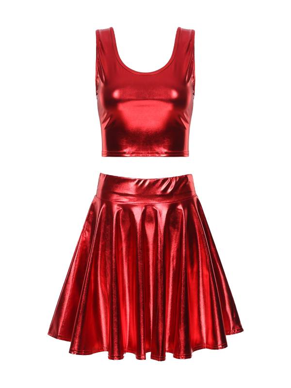 Women 3pcs Metallic Crop Top and Pleated A-line Skirt with Headband Dance Set thumb