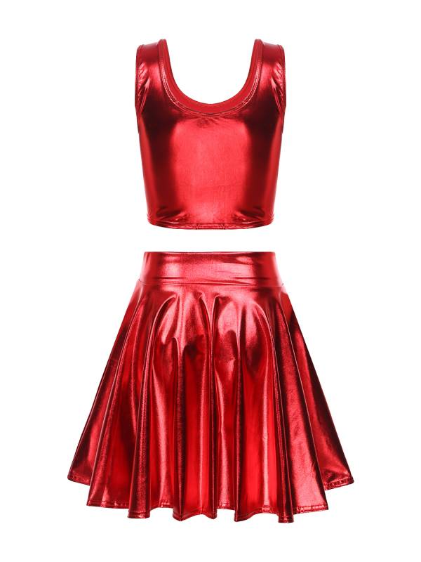 Women 3pcs Metallic Crop Top and Pleated A-line Skirt with Headband Dance Set thumb