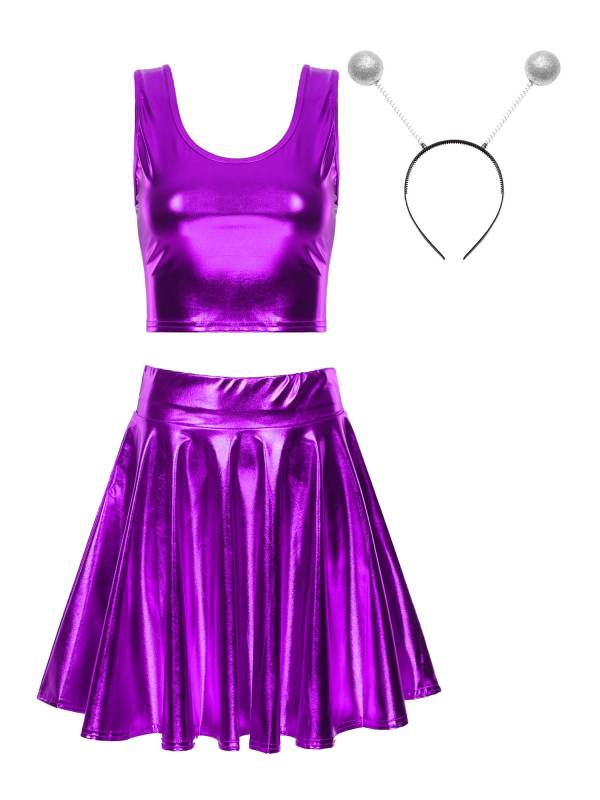 Women 3pcs Metallic Crop Top and Pleated A-line Skirt with Headband Dance Set thumb