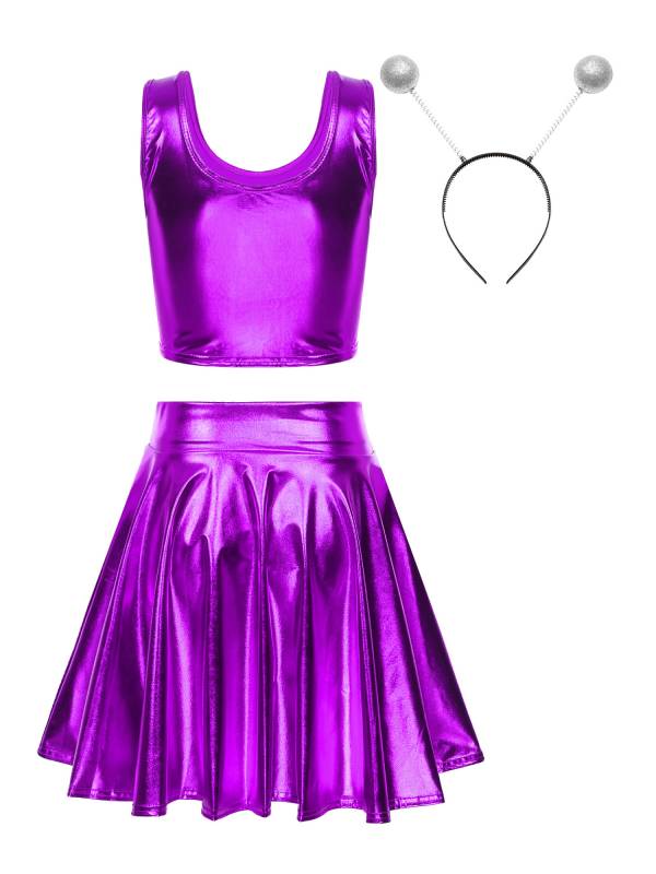 Women 3pcs Metallic Crop Top and Pleated A-line Skirt with Headband Dance Set thumb
