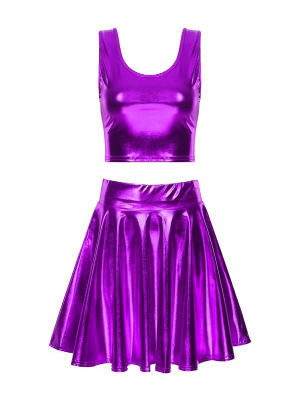 Women 3pcs Metallic Crop Top and Pleated A-line Skirt with Headband Dance Set thumb