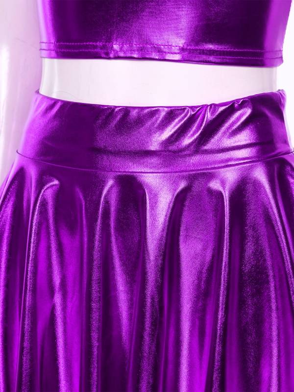 Women 3pcs Metallic Crop Top and Pleated A-line Skirt with Headband Dance Set thumb