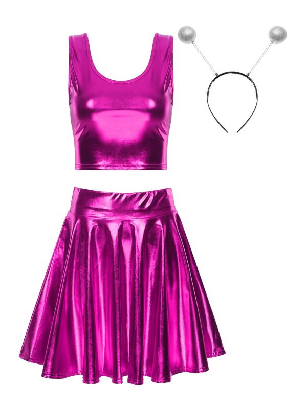 Women 3pcs Metallic Crop Top and Pleated A-line Skirt with Headband Dance Set thumb