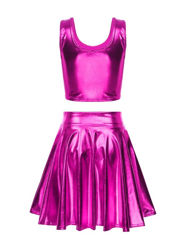 Women 3pcs Metallic Crop Top and Pleated A-line Skirt with Headband Dance Set thumb