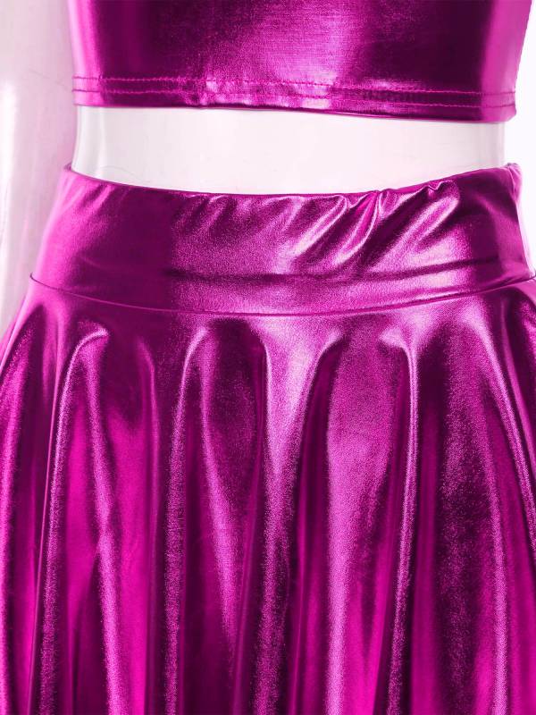 Women 3pcs Metallic Crop Top and Pleated A-line Skirt with Headband Dance Set thumb