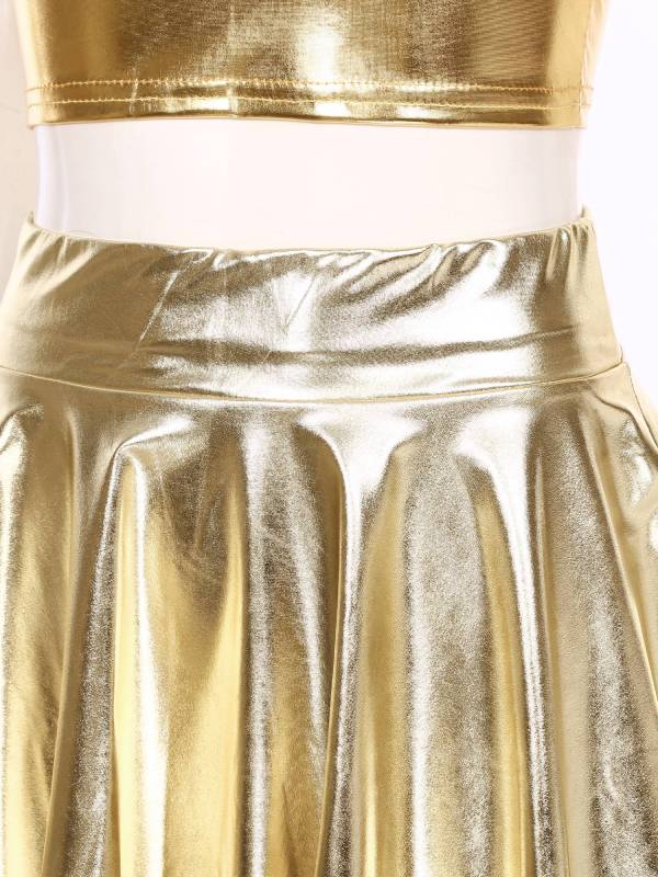 Women 3pcs Metallic Crop Top and Pleated A-line Skirt with Headband Dance Set thumb