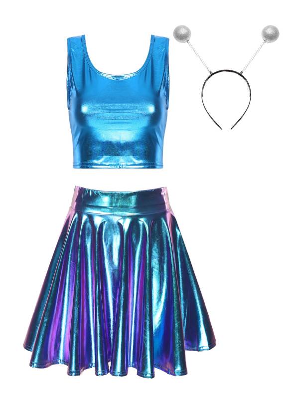 Women 3pcs Metallic Crop Top and Pleated A-line Skirt with Headband Dance Set thumb