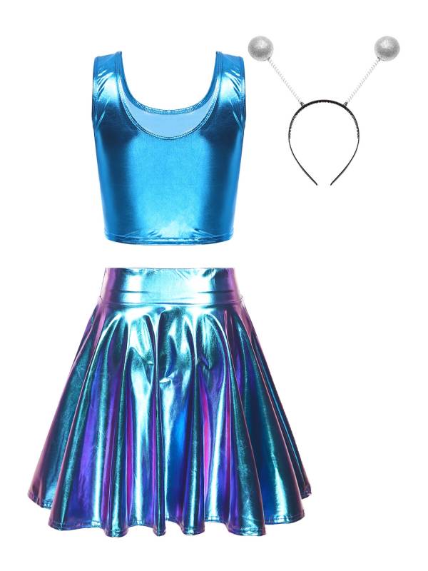 Women 3pcs Metallic Crop Top and Pleated A-line Skirt with Headband Dance Set thumb